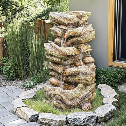 32" High Outdoor Water Fountain, 5-Tiers Cascading Rock Waterfall with LED Lights for Garden, Patio, Yard Decor, Soothing Tranquility for Any Outdoor Living Space