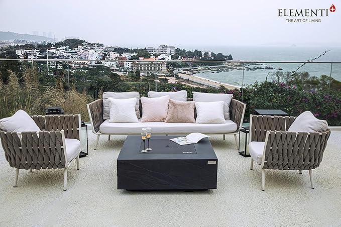 Elementi+ | Roraima Gas Fire Pit Cast Concrete 40" Square Fire Table, Outdoor Fire Pit Electronic Ignition | Canvas Cover, Fire Glass and Burner Lid Included | Dark Gray | Natural Gas