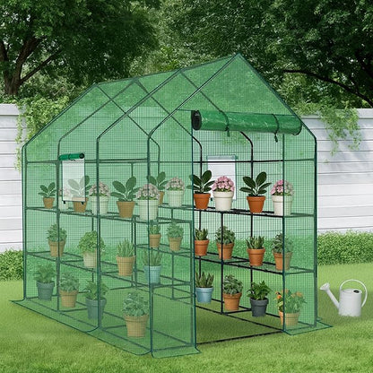 Outvita Walk-in Greenhouse, Outdoor Durable PE Plant Green House for Frost Protection with 3 Tiers 12 Shelves, Shelf Clips, Roll-up Zipper Door, 56"x85"x77" Green