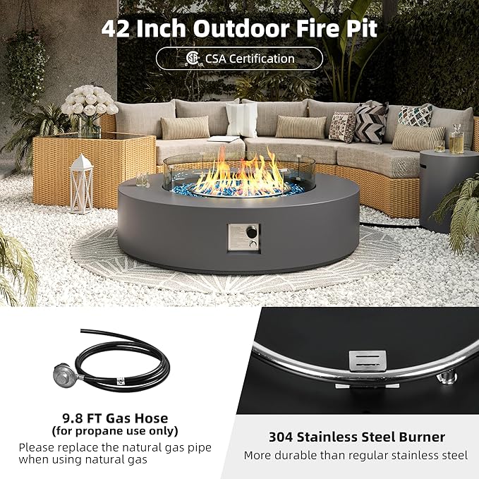 UPHA 42-inch Outdoor Propane Gas Fire Pit Table 50000 BTU Concrete Rectangle FirePit for Outside Patio with Propane Tank Cover, Wind Guad, Blue Glass Rocks, Rain Cover, Grey
