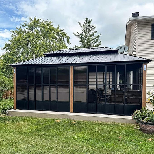 PURPLE LEAF 12' X 20' Sunroom Patio Hardtop Gazebo Double Top Galvanized Steel Screen House Aluminum Sun Room Outdoor Solarium for Garden Backyard and 36 Solar String Light