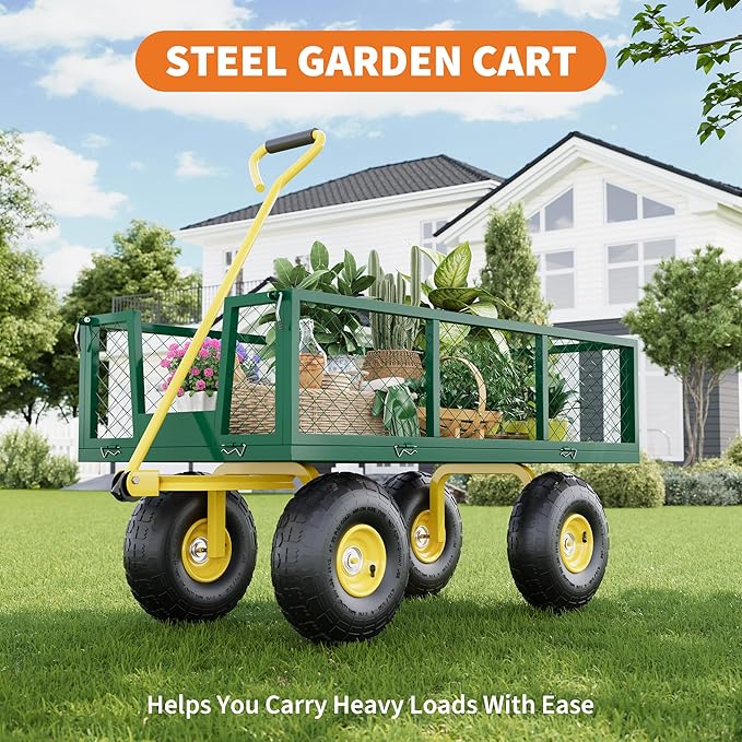 Metal Wagon - 900lbs Garden Cart with 10" Multi-Terrain Tires, 4 Removable Mesh Sides & 180° Swivel Handle, Yard Wagon Cart for Lawn, Yard, Patio Gardening