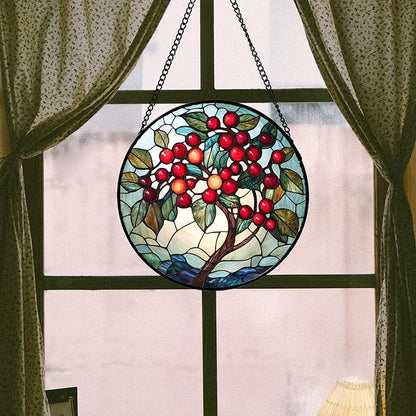 CRIS GIF Stained Glass Window Hanging - Red Fruit Tree Landscape Suncatcher for Doors Garden Patio Sun Catchers Decor Christmas Mother's Day Birthday Gifts for Women Men Mom Nana Friend 15 in