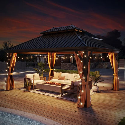 12'x16' Hardtop Gazebo, Outdoor Aluminum Patio Gazebo Double Roof Galvanized Steel Canopy with Netting and Curtains,for Garden, Patio, Backyard, Deck and Lawns.