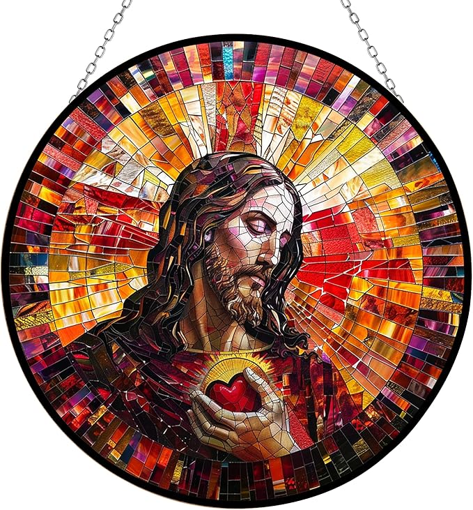 Personalized Jesus Christ Sacred Heart Suncatcher Stained Glass Window Hangings Sun Catchers Colorful Ornament Gifts for Women Mom Wife Halloween Christmas Housewarming