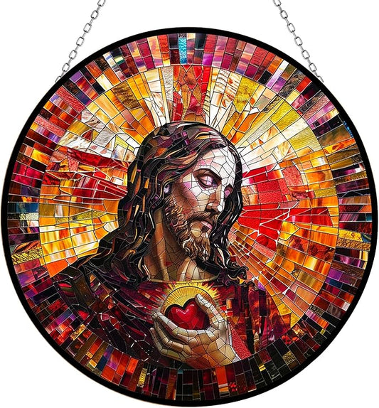 Personalized Jesus Christ Sacred Heart Suncatcher Stained Glass Window Hangings Sun Catchers Colorful Ornament Gifts for Women Mom Wife Halloween Christmas Housewarming