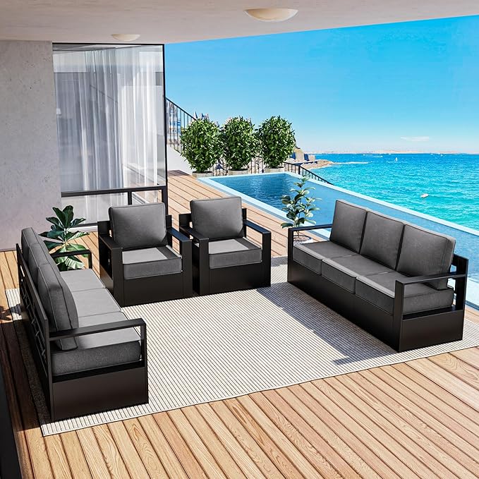 Outdoor Patio Furniture Set, 4-Piece Aluminum Patio Conversation Set All-Weather Metal Outdoor Sectional with 6 Inch Thick Cushions, Deep Setting for Garden, Outside and Porch