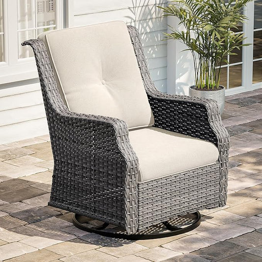 Swivel Patio Chair Outdoors - 360 Degree, Glider Chair with 3.5" Olefin Fabric Cushions (Mixed Grey Rattan/Beige)