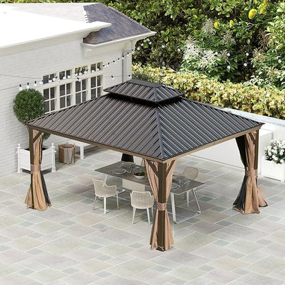 Domi 10'x14' Hardtop Gazebo withGutters, Outdoor Aluminum Frame Canopywith Galvanized Steel Double Roof,Outdoor Permanent Metal Pavilion withCurtains and Netting for Patio, Backyardand Lawn Brown