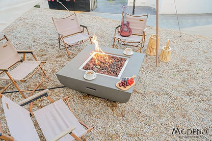 AMS Fireplace | Modeno Westport Package | Light Gray Liquid Propane Gas Fire Pit Table for Outside Patio Bundle with Tank Cover, Wind Guard, & SS Burner Lid | Free Ice Bucket & Rubber Mat