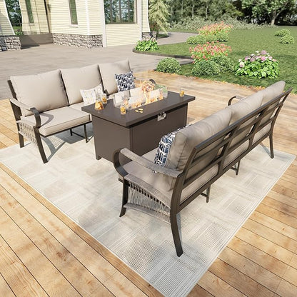 3 Pieces Outdoor Patio Conversation Sets with All Weather Cushions, Metal 2 Three-Seater Sofas, 1 Fire Pit Table for Backyard Deck Porch Poolside, Beige
