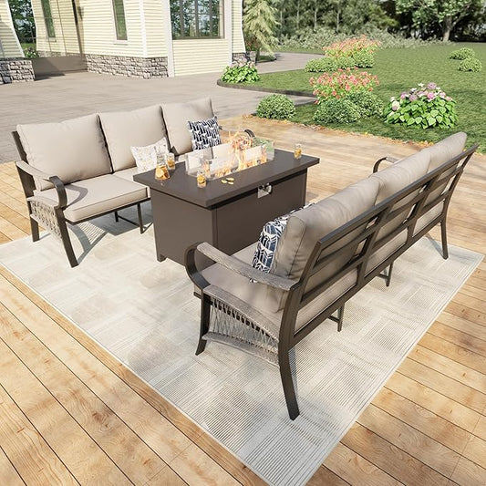 3 Pieces Outdoor Patio Conversation Sets with All Weather Cushions, Metal 2 Three-Seater Sofas, 1 Fire Pit Table for Backyard Deck Porch Poolside, Beige