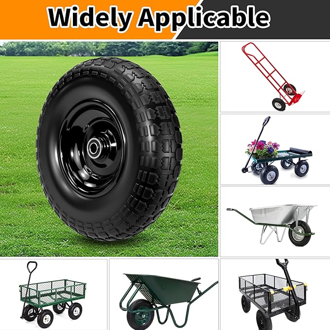 13" Flat Free Tire and Wheel,4.00-6 Wheelbarrow Wheels and Tires with 5/8" or 3/4" Bearings, 13"Solid Tires Replacement for Wheelbarrow, Gorilla Cart, Hand Trucks, Garden Carts 4 Pack