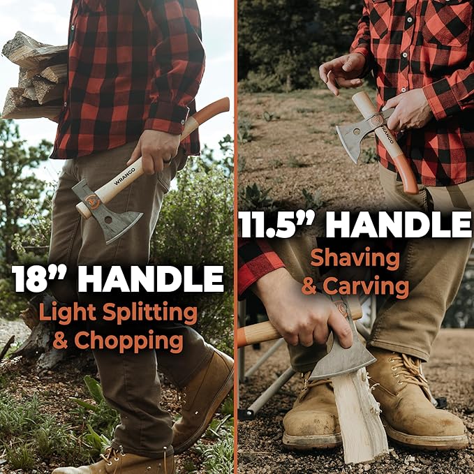 Titanium Camping Axe - 18" & 11.5" Wood Hickory Handles - Tomahawk Axe Hammer End - 2-Piece Slip-Fit Design - Includes Blade Sheath and 2 Handles - Survival Axe
