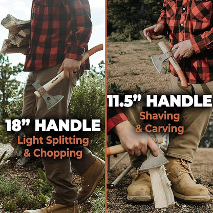 Titanium Camping Axe - 18" & 11.5" Wood Hickory Handles - Tomahawk Axe Hammer End - 2-Piece Slip-Fit Design - Includes Blade Sheath and 2 Handles - Survival Axe