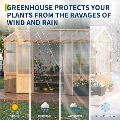 8X12 FT Heavy Duty Wooden Greenhouse for Outdoor - Walk-in Green House Kit with 6mm Polycarbonate, Ventilated Window & Lockable Door for Backyard, Patio, Lawn