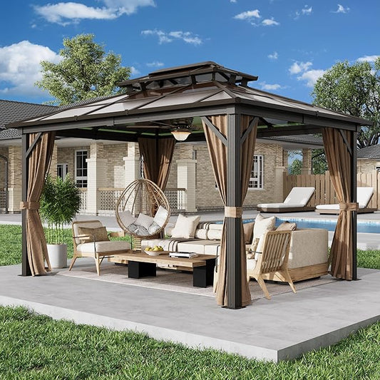 EROMMY 10' x 13' Gazebo Polycarbonate Double Roof Canopy Outdoor Aluminum Frame Pergola, Permanent Pavilion with Netting and Curtains for Garden Patio Lawns Parties