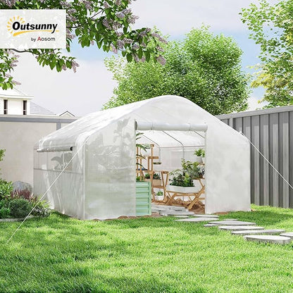 Outsunny 13' x 10' x 6.5' Hoop House Greenhouse with Large Windows and Zippered Door, Large Walk-in Tunnel Green House with Upgraded Galvanized Steel Frame, PE Cover, Gardening Plant Hot House, White