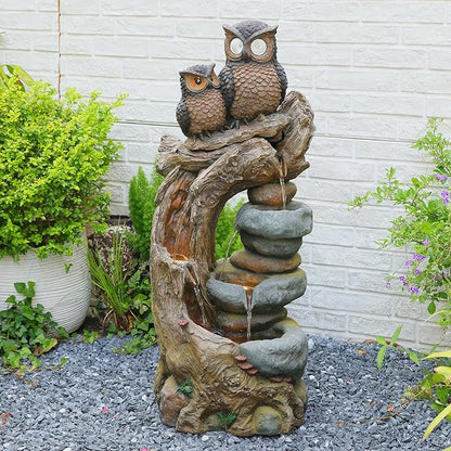 34.3''H Outdoor Water Fountain Owl Tree Stump, 4 - Tier Cascading Waterfall Garden Fountains with LED Lights & Pump Water Feature Resin for Patio, Deck, Yard, Home Decor