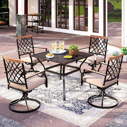 PHI VILLA 5-Piece Outdoor Dining Set, 4 Steel Metal Swivel Patio Chairs & 1 Square Dining Table, Wood-Like Pattern Armrest