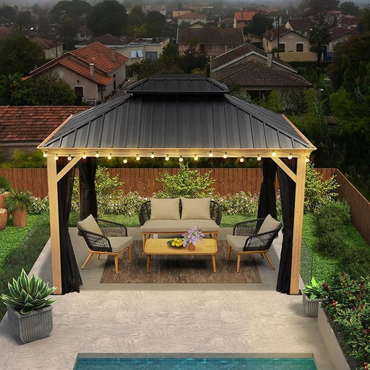 PURPLE LEAF 10' X 12' Outdoor Hardtop Gazebo for Patio Galvanized Steel Double Roof Permanent Canopy Teak Finish Coated Aluminum Frame Pavilion Gazebo with Netting and String Lights