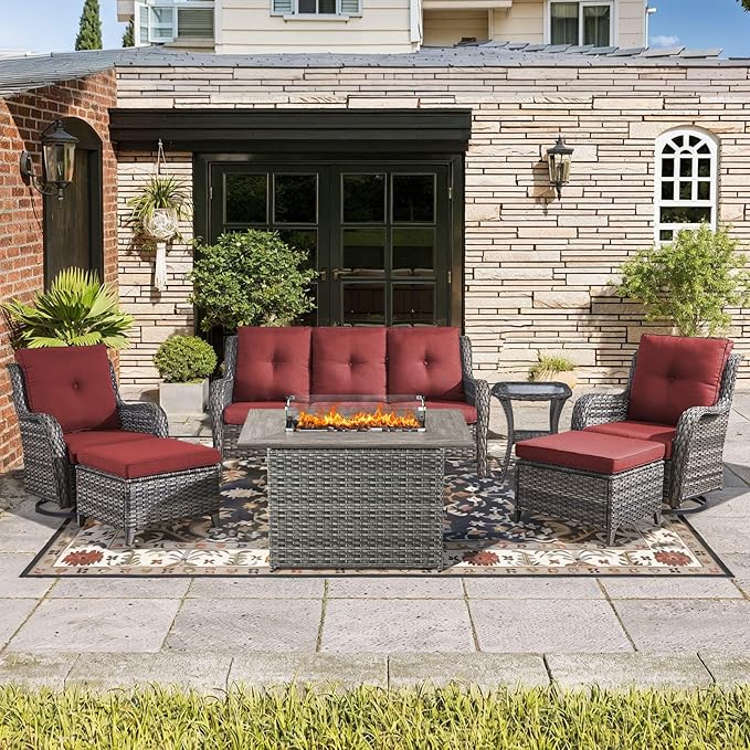 Wicker Outdoor Conversation Se with 50,000 BTU Gas Propane Fire Pit Tablet-7 Pieces Outdoor Wicker High Back Couch Patio Furniture for Deck Poolside Backyard