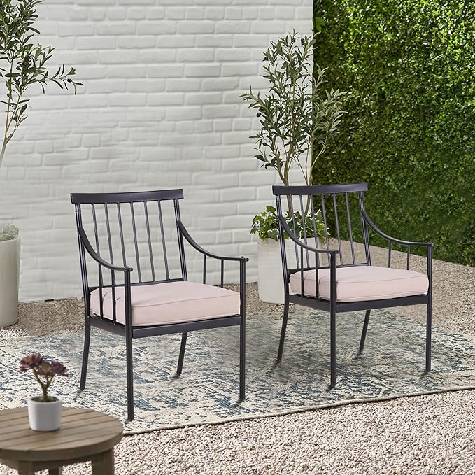 PHI VILLA Outdoor Metal Dining Chairs with Cushion, 300lbs Black Heavy Duty Weatherproof Chairs for Patio, Deck, Yard - Set of 2