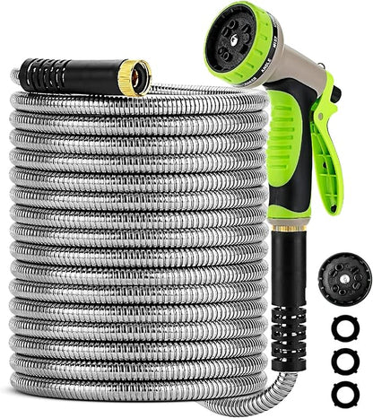 Stainless Steel Garden Hose 75FT with 10 Functione Nozzle, No Kink, Leak-Proof, Lightweight and Flexible Metal Garden Hose for Lawn, Car, RV, Outdoor Watering, Pet Bathing