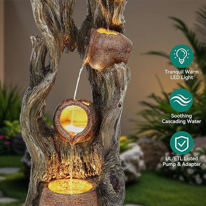 42.7in Tall Outdoor Water Fountain with LED Lights, 3-Tier Rainforest Waterfall Tree Trunk and Jar Garden Fountain, Ideal for Serene Relaxing Patio, Yard or Porch