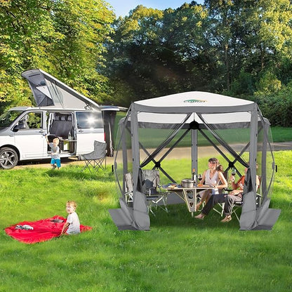 COBIZI 10x10 Pop up Gazebo Screen House Tent for Camping, Pop-up Camping Canopy with Mesh Windows,Portable Outdoor Quick-Set Hub Tent with Carrying Bag&Ground Stakes,Gray(Upgraded 2.0)