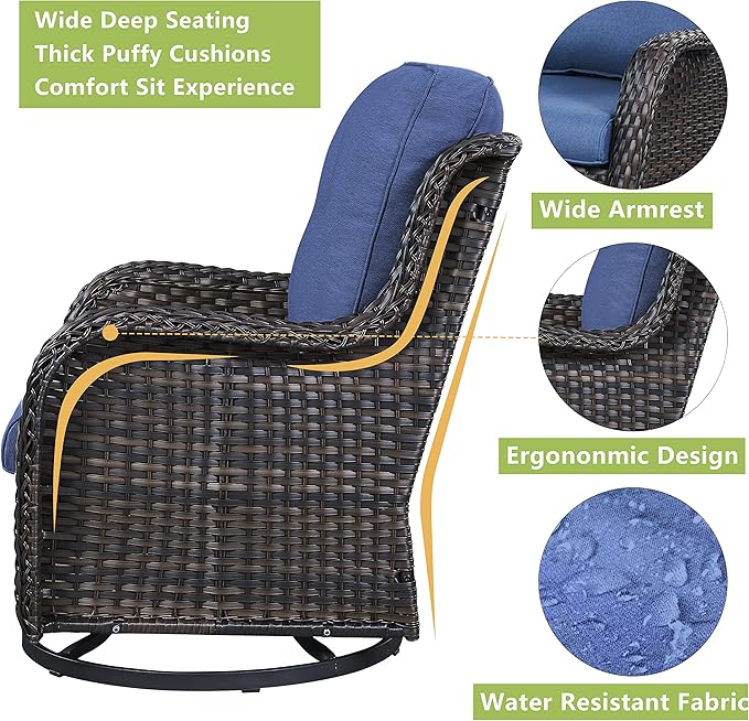 Rilyson 6 Piece Outdoor Patio Furniture Set - Rattan Wicker Patio Conversation Sets with 2 Swivel Rocker Chairs,2 Ottomans,1 Loveseat and 1 Coffee Table for Outside Porch Deck Backyard(Brown/Blue)