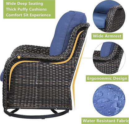 Outdoor Patio Swivel Rocker Chairs - 3 Piece Patio Bistro Set,Wicker Patio Furniture Set with 2 Swivel Rocking Chairs and 1 Glass Top Side Table for Deck Porch Garden,Brown/Blue