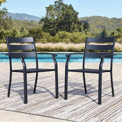Patio Dining Chairs Set of 2, Black Stackable Outdoor Dining Chairs with Armrest and Wide Back, Wrought Iron Patio Furniture Chairs for Lawn, Backyard, Garden & Deck, Supports 300 LBS