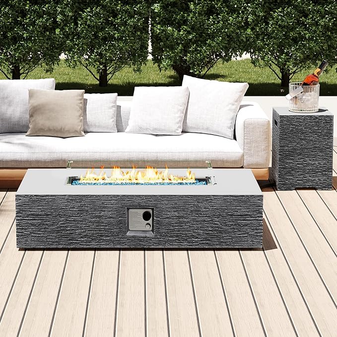 UPHA 56-inch Outdoor Propane Gas Fire Pit Table 50000 BTU Concrete Rectangle FirePit for Outside Patio with Propane Tank Cover, Wind Guad, Blue Glass Rocks, Rain Cover, Grey Horizontal Stripe