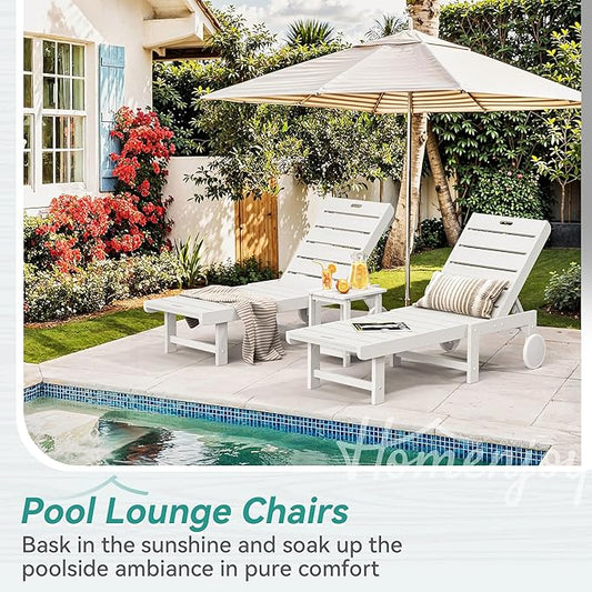 Outdoor Chaise Lounge Chairs with Table, 6-Piece, 26.8” Super Wide Lounge Chair Outdoor, HDPS Pool Chairs with 5 Positions, Patio Lounge Chair with Wheels for Pool,Lawn,Backyard, White