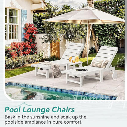 Outdoor Chaise Lounge Chairs, 26.8” Super Wide Lounge Chair Outdoor, HDPS Pool Chairs with 5 Positions, Patio Lounge Chair with Wheels for Pool,Lawn,Backyard, White