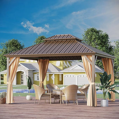 12'x14' Hardtop Gazebo Outdoor Aluminum Patio Gazebo Double Roof Galvanized Steel Canopy with Netting and Curtains,for Garden, Backyard,Deck and Lawns