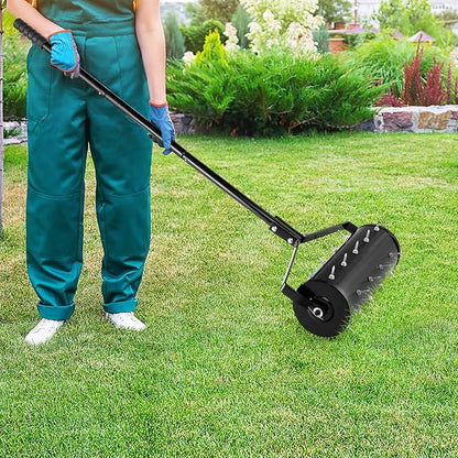 Goplus Rolling Lawn Aerator, 18-Inch Garden Yard Rotary Push Tine Filled Sand Stone, Heavy Duty Spike Soil Aeration w/Metal Handle, Fillable Drum 51" Manual Lawn Aeration Tool Garden Grass Patio Yard