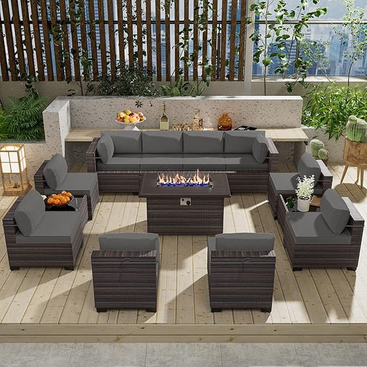 13 Pieces Outdoor Patio Furniture Set with Propane Fire Pit Table Outdoor Furniture Patio Sectional Sofa Conversation Sets w/ETL Approved 43" Gas Outdoor Fire Table & Coffee Table (Grey)