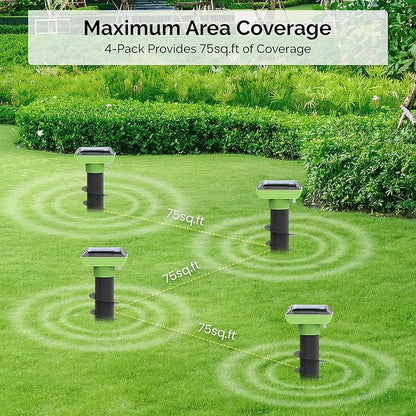 Solar Garden Device – 4 Pack, IP66 Waterproof, Solar Rechargeable, Covers up to 75 sq. ft., Quick 2-Hour Charge, 8–10 Hours Operation, Weather-Resistant Lawn & Garden – eco-Friendly Lawn Spikes,