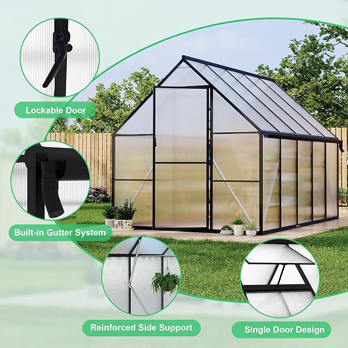 8 ft x10 ft Aluminum-Framed Polycarbonate Greenhouse, Heavy Duty Polycarbonate Greenhouse with Quick Setup Structure and Roof Vent, Large Enhanced Aluminum Green House Kit for Outdoors