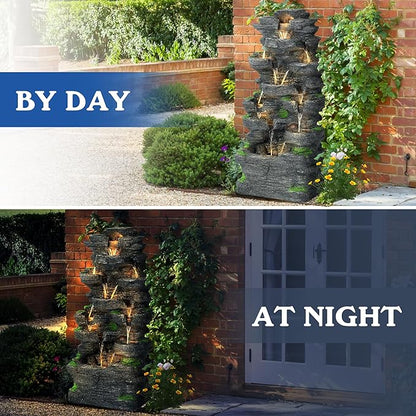 40''H Outdoor Water Fountain - Garden Rock Waterfall Fountains, Outdoor/Indoor Floor Standing Resin Water Fountain with 10 LED Light for Patio, Garden and Backyard, Deck, Porch, Home