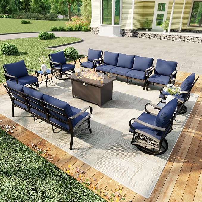 11 Pieces Modern Patio Furniture Set, All Weather Metal Outdoor Conversation Sets with Fire Pit Table for Backyard Garden Deck Porch Poolside, Blue