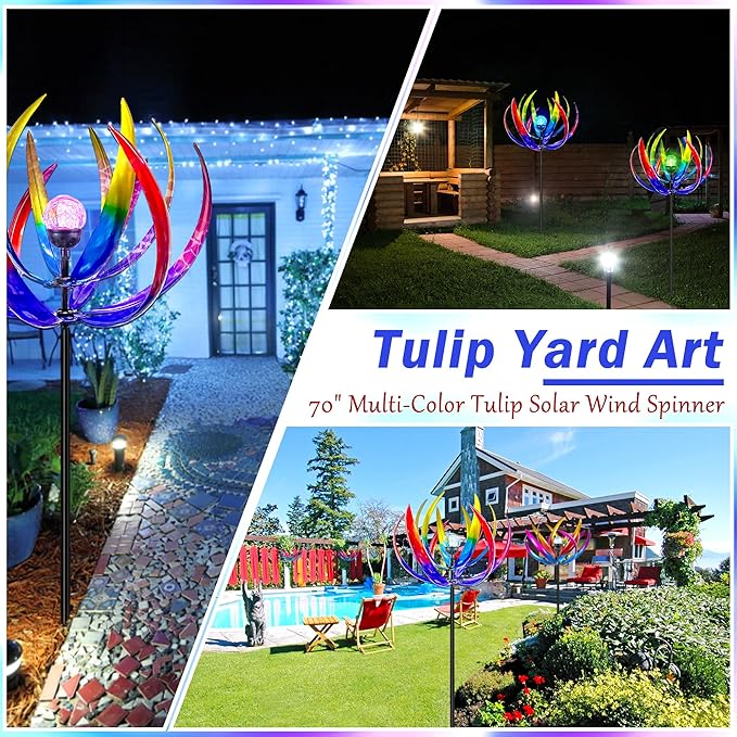 Wind Spinners Outdoor for Yard and Garden - Wind Sculptures & Spinners,70 Inch Wind Spinner with Solar Powered Multi-Color Glass Ball Light for Yard Garden Backyard Lawn Decorations