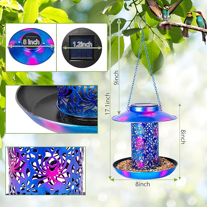 XDW-GIFTS Bird Feeder for Outdoors Solar Hanging Bird Feeder Bird House with Cardinal Feeder Large Capacity Metal Wild Bird Feeder for Garden Decor Unique Gifts & Patio Decor (Blue, 8 INCH)