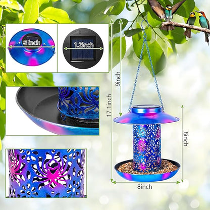 XDW-GIFTS Bird Feeder for Outdoors Solar Hanging Bird Feeder Bird House with Cardinal Feeder Large Capacity Metal Wild Bird Feeder for Garden Decor Unique Gifts & Patio Decor (Blue, 8 INCH)