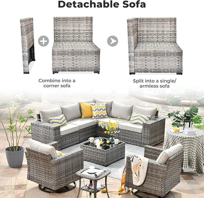 ovios 9 Pieces Patio Furniture Set, Outdoor Wicker Sectional Sofa with 2 Swivel Chairs Coffee Table, Modern Modular Deep Seat Rattan Couch Conversation Sets, Beige