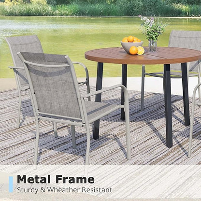 5 Pieces Round Dining Table Set for 4, Patio Dining Set Includes 4 Grey Stackable Patio Chairs and 1 Walnut Round Table, Patio Furniture Sets with Sling Support for Outside, Garden