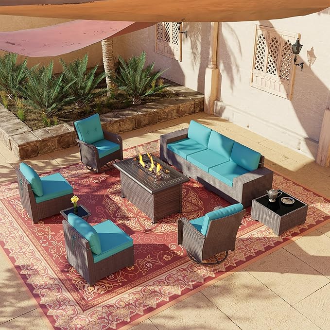 10 Pieces Outdoor Patio Furniture Set Outdoor Furniture Patio Sectional Sofa Conversation Sets w/ETL Approved 45" Gas Outdoor Fire Table & Coffee Table, Swivel Rocking Chair (Turquoise)