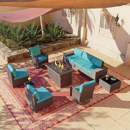 10 Pieces Outdoor Patio Furniture Set Outdoor Furniture Patio Sectional Sofa Conversation Sets w/ETL Approved 45" Gas Outdoor Fire Table & Coffee Table, Swivel Rocking Chair (Turquoise)